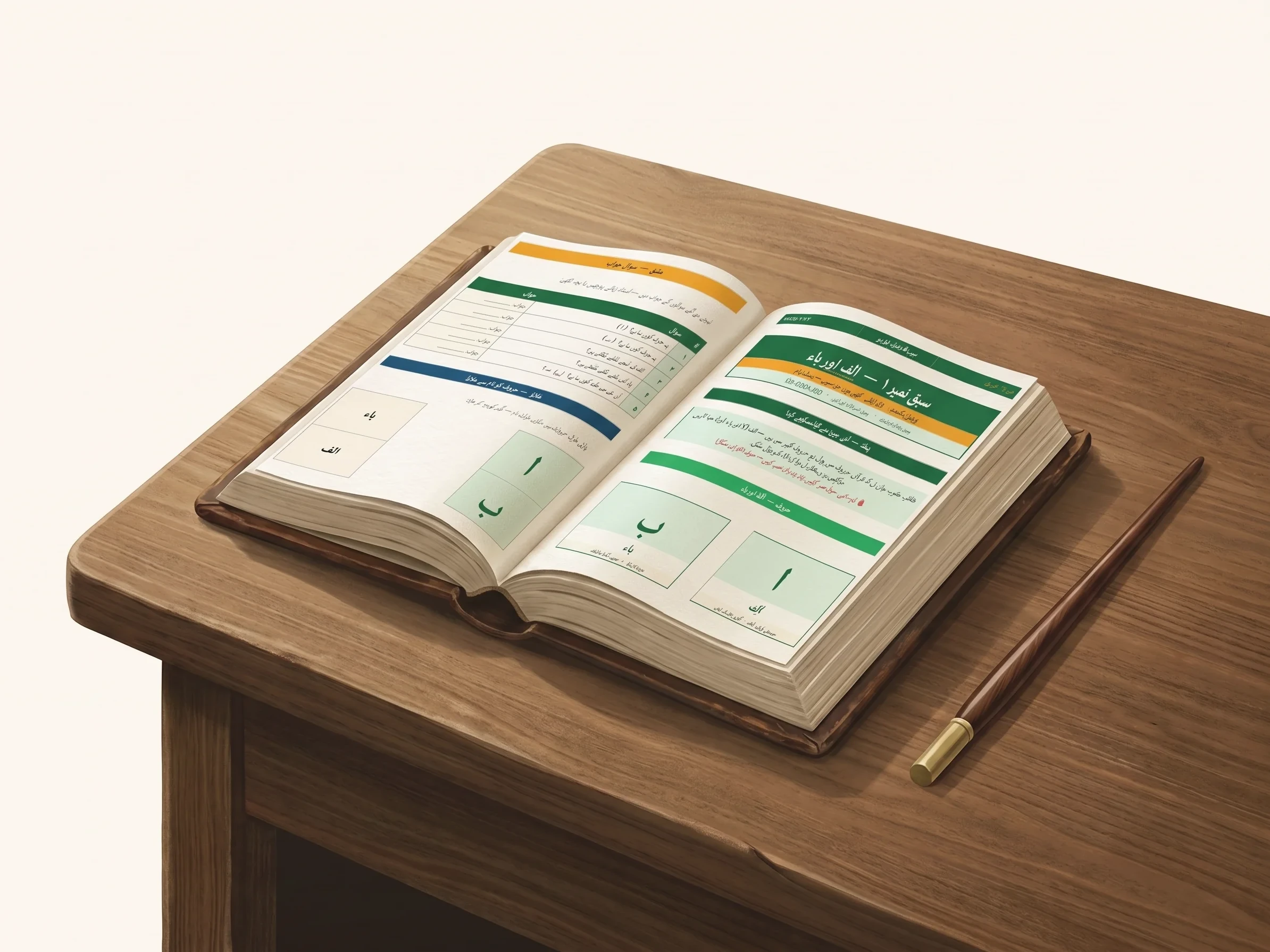 Open NAHJ Guide workbook on a wooden desk, showing a Nazra lesson spread with the letters Alif and Ba in green and gold panels, a wooden pen resting beside it.