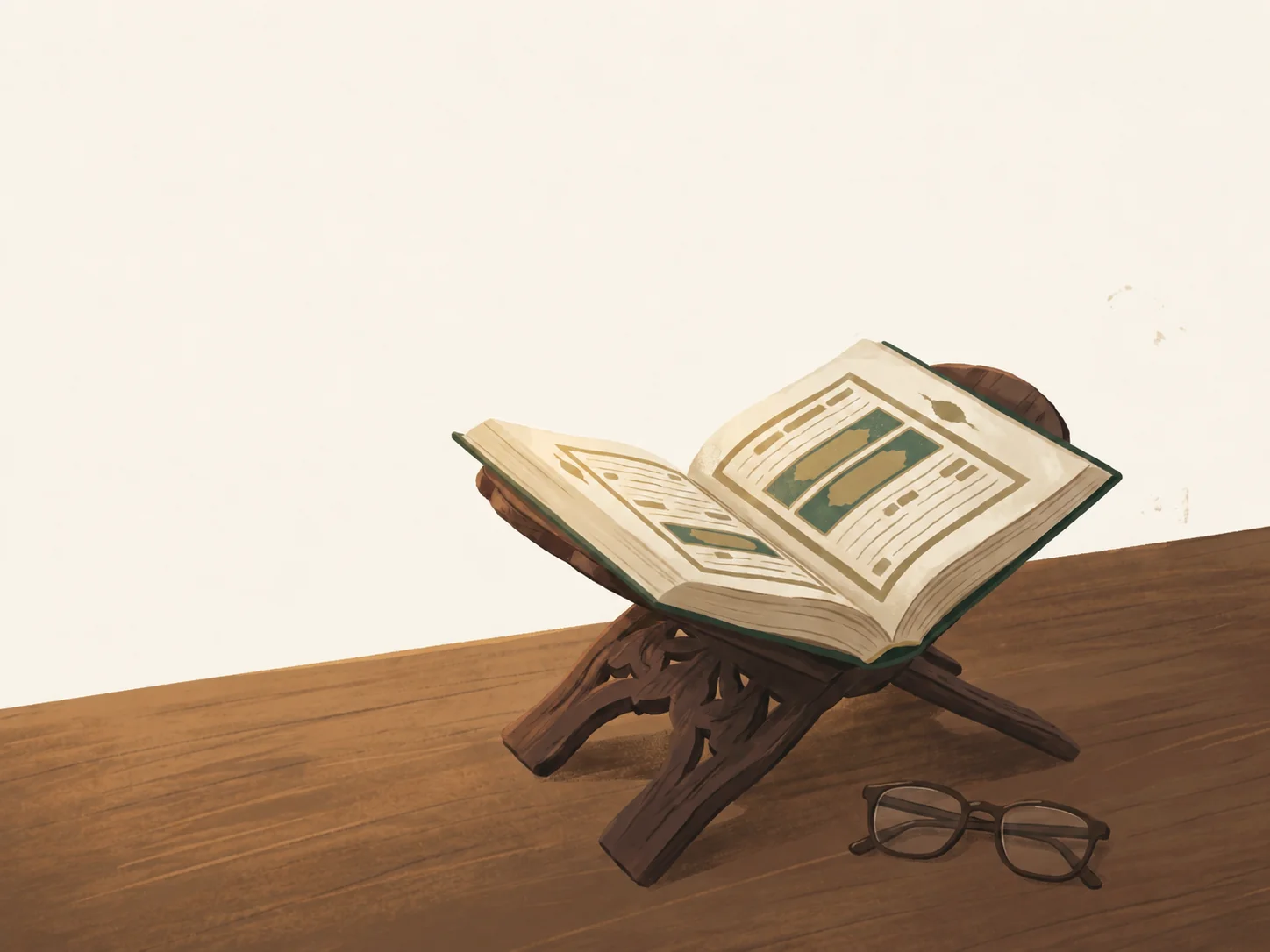 Open Quraan with green and gold page ornamentation resting on a carved wooden rehal, a pair of reading glasses beside it.