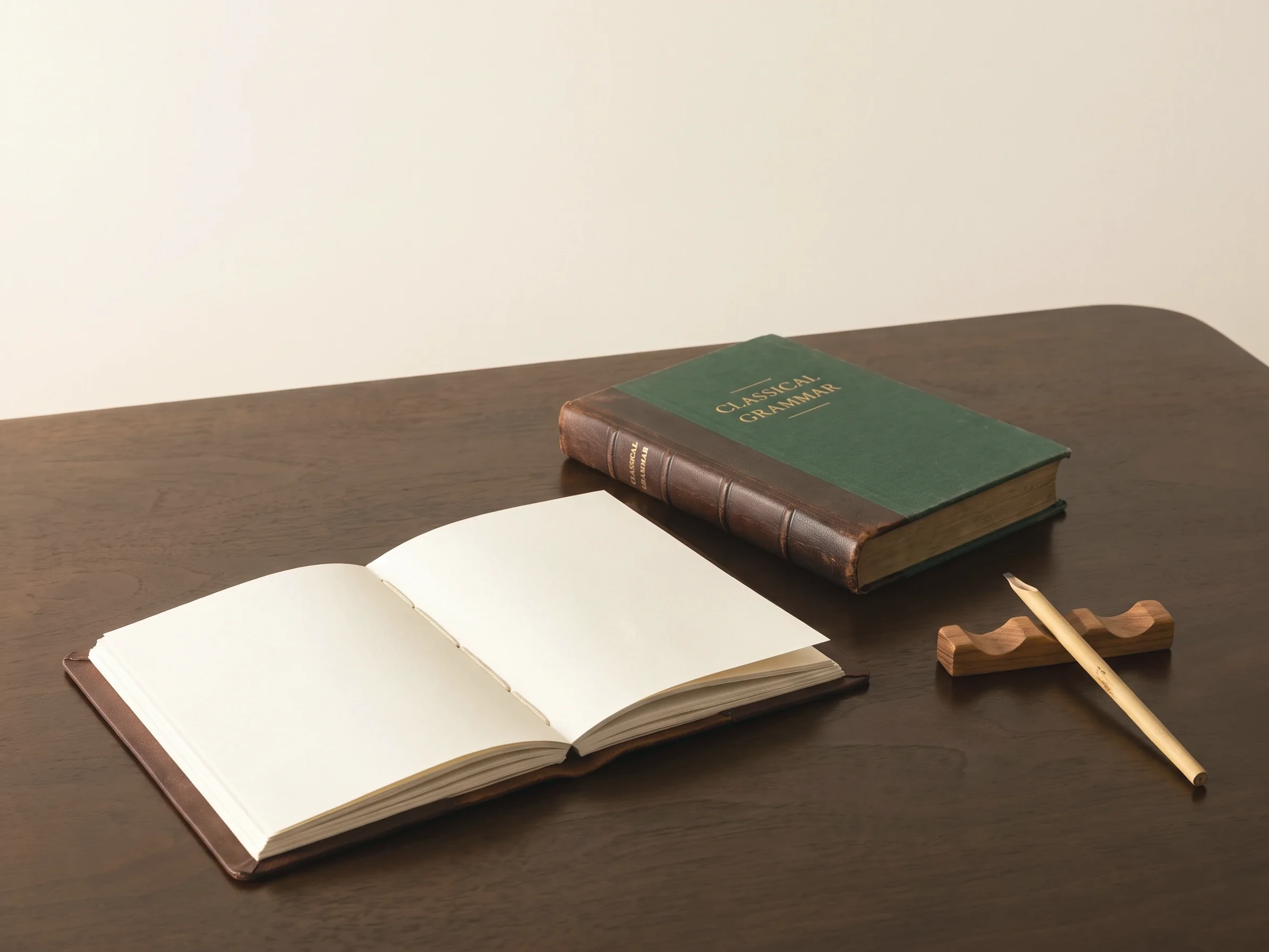 Classical grammar volume bound in green and brown leather on a dark wooden desk, beside an open blank notebook and a reed pen on a wooden rest.