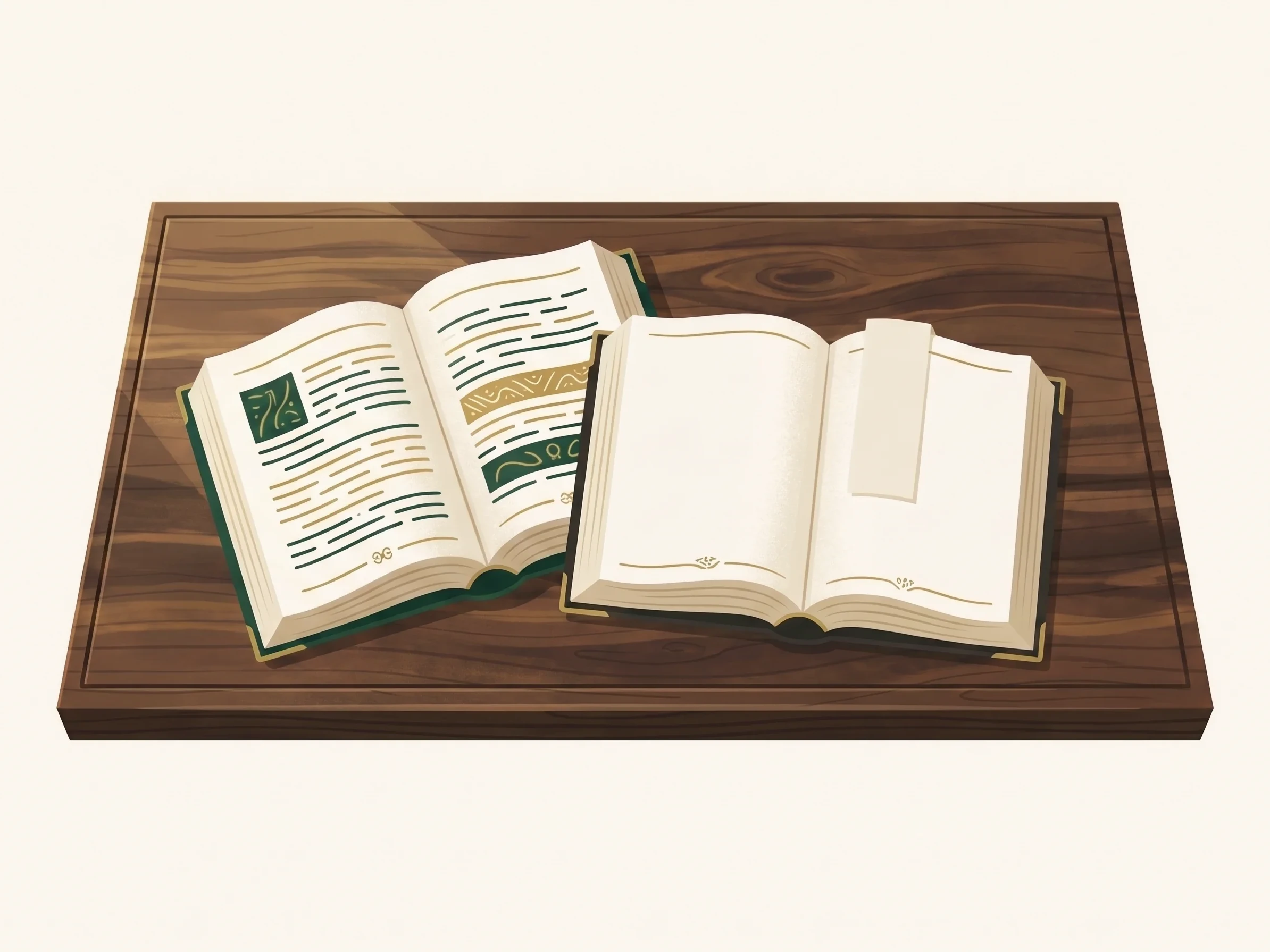 Two open books side by side on a wooden board: one page filled with flowing script in green and gold, the other blank with a bookmark, ready for translation.