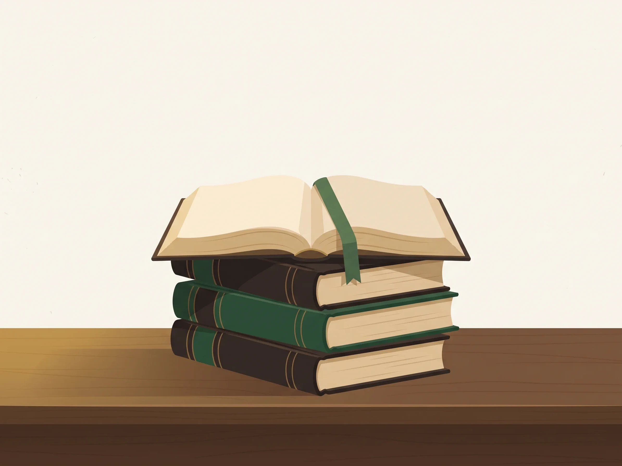 Open book with a green ribbon marker resting on a stack of three classical leather-bound volumes on a wooden shelf.